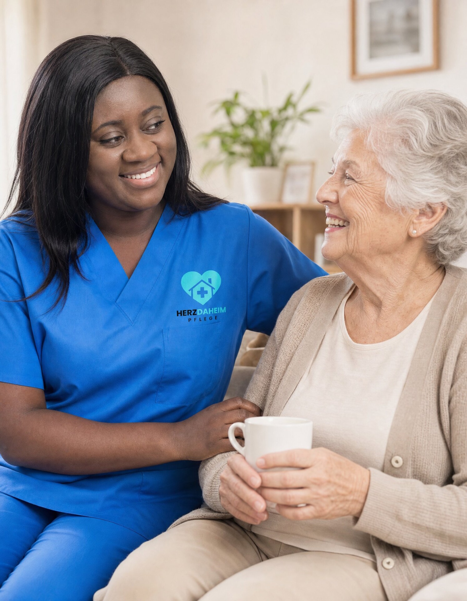 Pflegekraft von Herz Daheim misst Blutdruck bei einer Seniorin